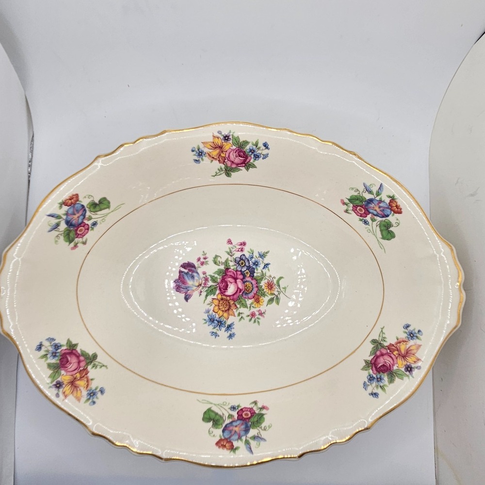 Vintage Syracuse China Federal Shape Oval Serving Bowl Floral Gold Tone Trim 10"